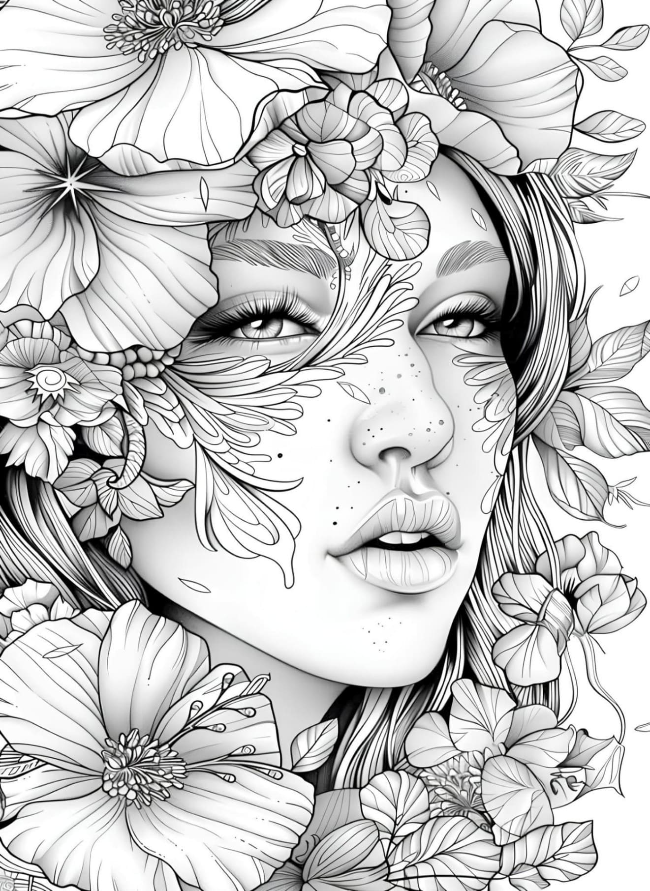 Fantasy Woman and Flowers Coloring Pages Free PDF Printables