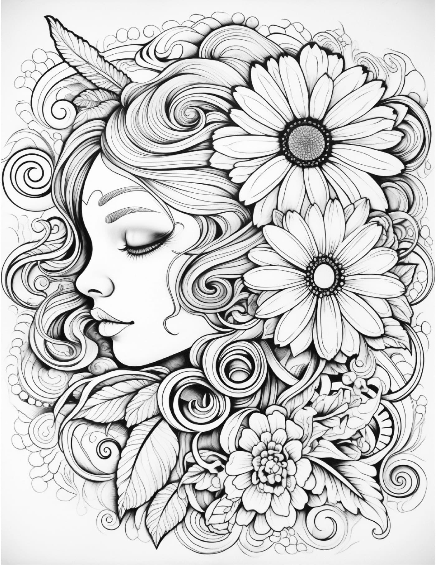 Floral face - Coloring pages for adult - PDF printable