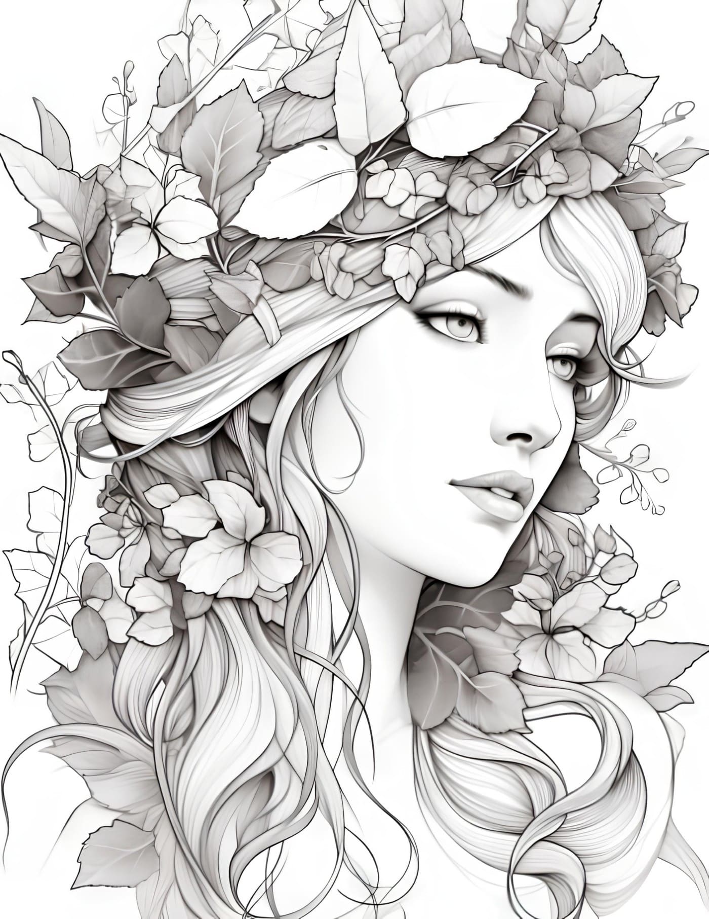 Women floral fantasy - Adult coloring pages PDF printable