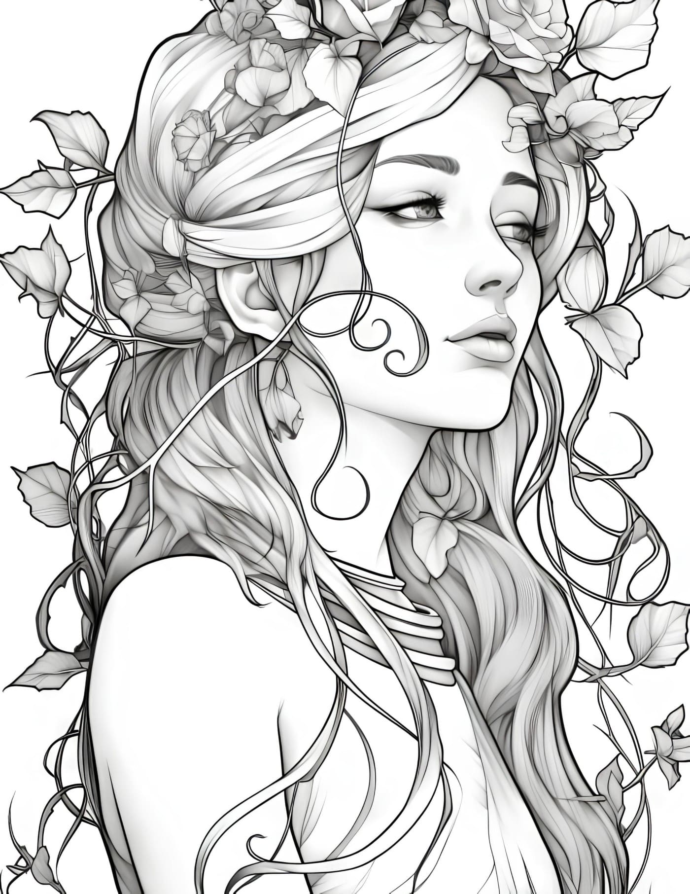 Women floral fantasy - Adult coloring pages PDF printable