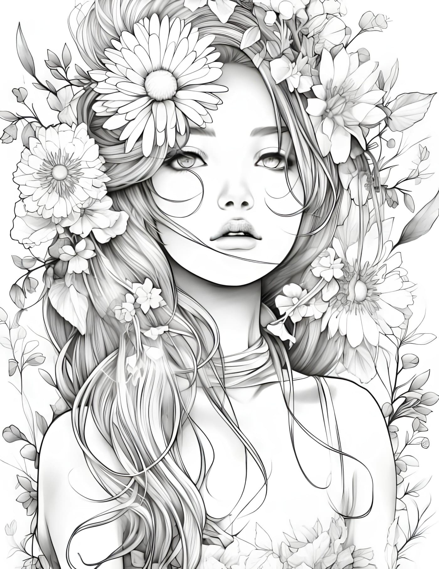 Women floral fantasy - Adult coloring pages PDF printable