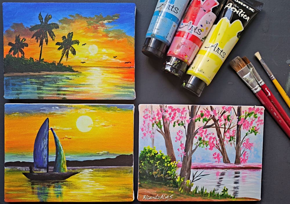 Pacote com 3 pinturas de paisagens fáceis para iniciantes