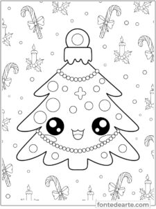 Árvore de Natal kawaii desenho para colorir