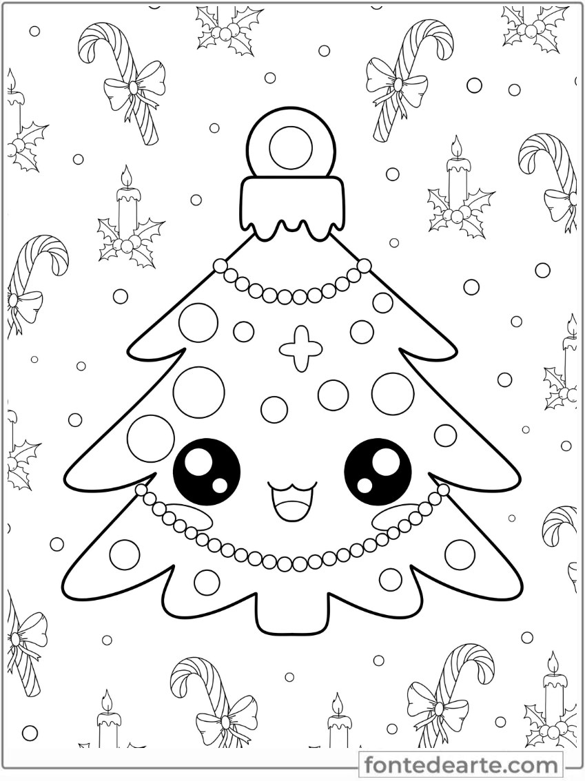 Árvore de Natal kawaii desenho para colorir