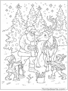 Papai Noel, rena e gnomos desenhos de Natal para colorir PDF