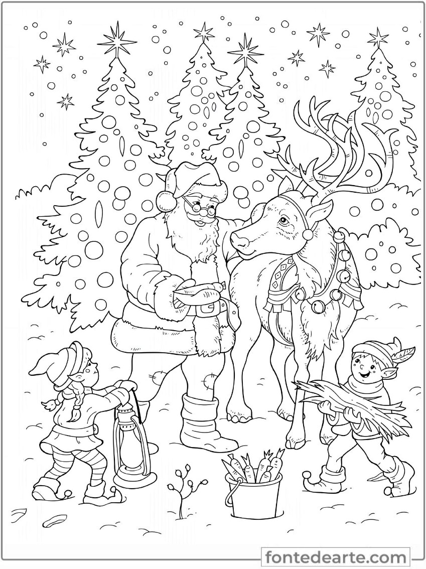Papai Noel, rena e gnomos desenhos de Natal para colorir PDF