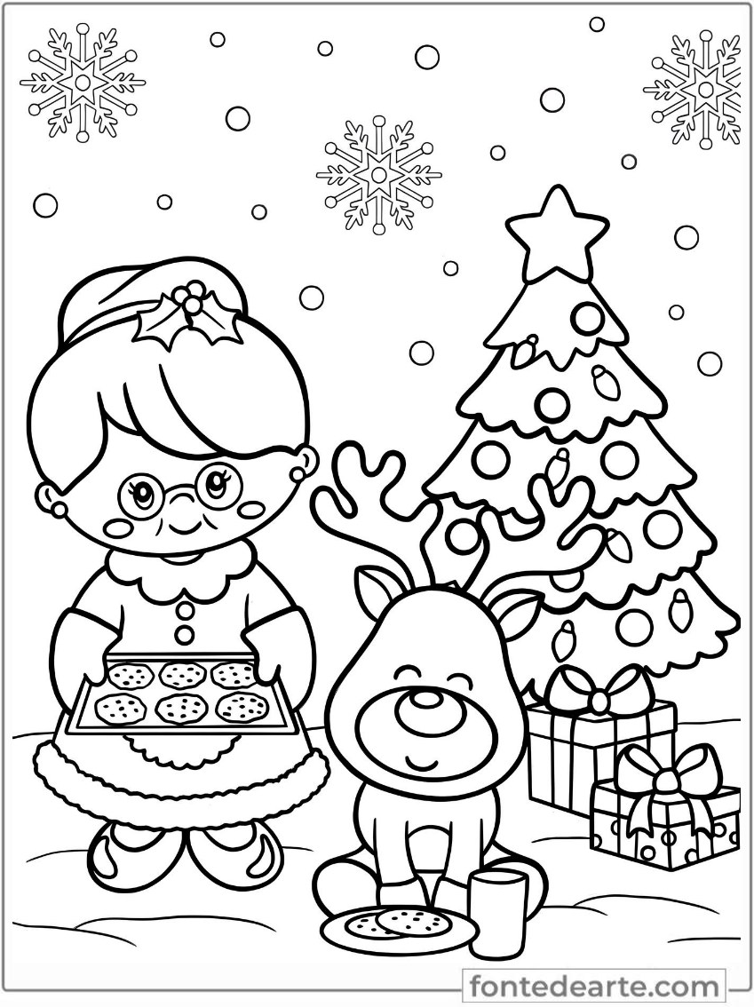Mamãe Noel e rena desenho de Natal para colorir PDF