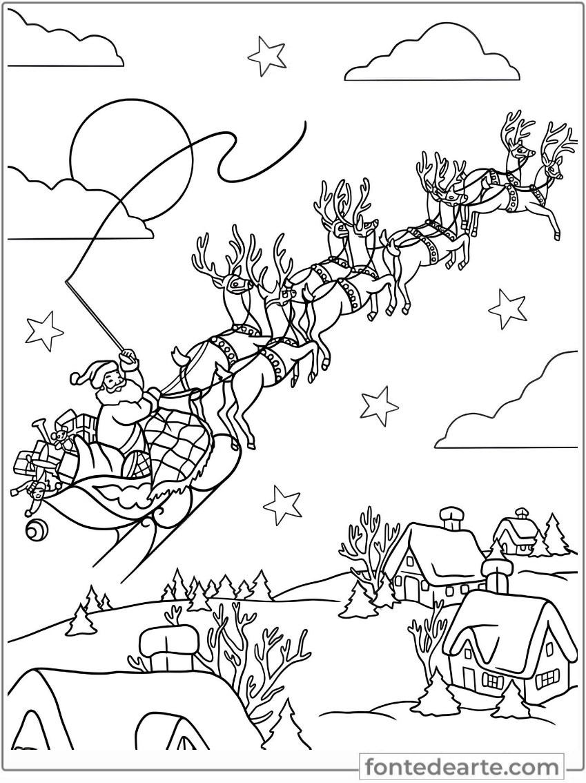 Papai Noel voando no seu trenó desenho de Natal para colorir PDF