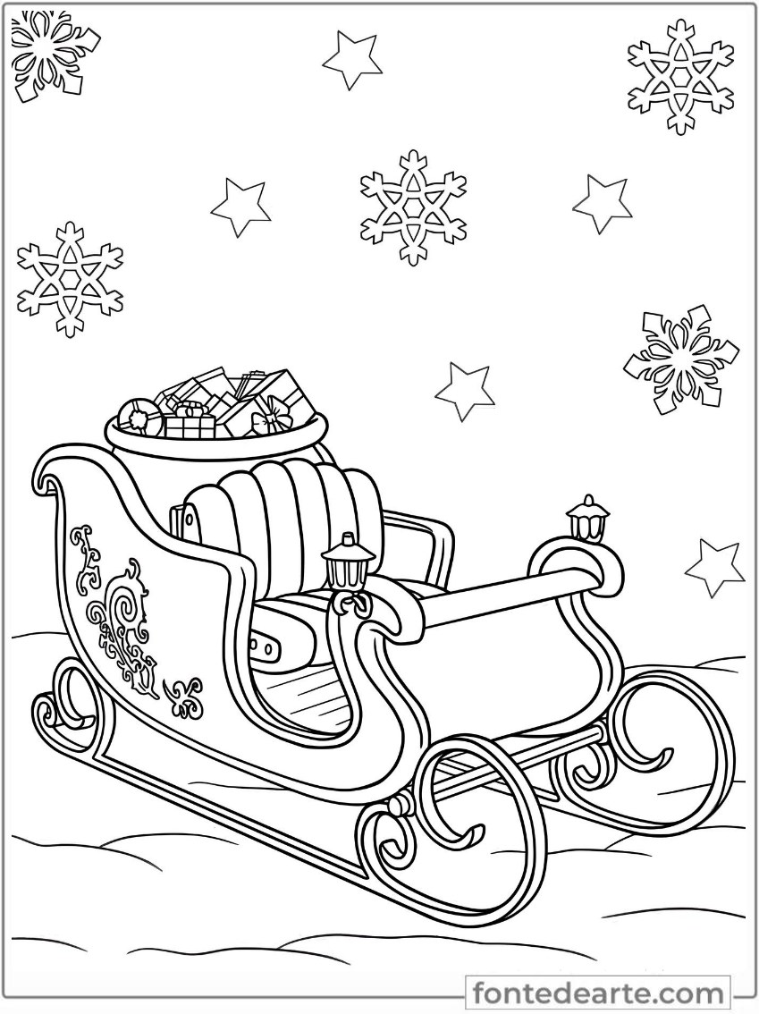 Trenó do Papai Noel desenho de Natal para colorir PDF