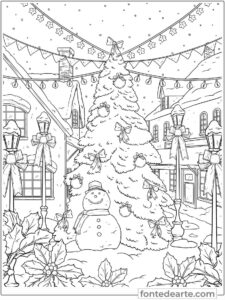 Árvore de Natal e boneco de neve desenho para colorir PDF
