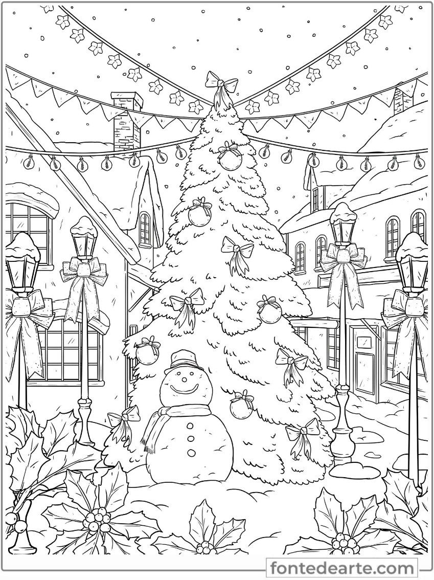 Árvore de Natal e boneco de neve desenho para colorir PDF