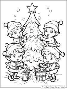 Gnomos e árvore de Natal de Natal desenho para colorir PDF