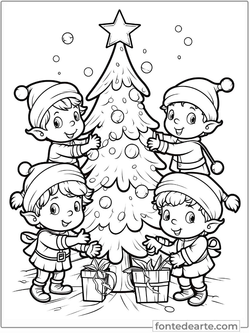 Gnomos e árvore de Natal de Natal desenho para colorir PDF
