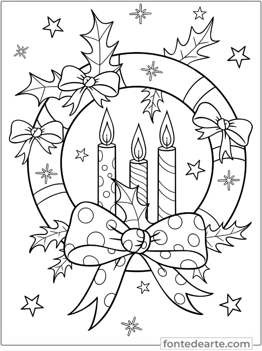 Velas de Natal com laço - desenho de Natal para colorir PDF
