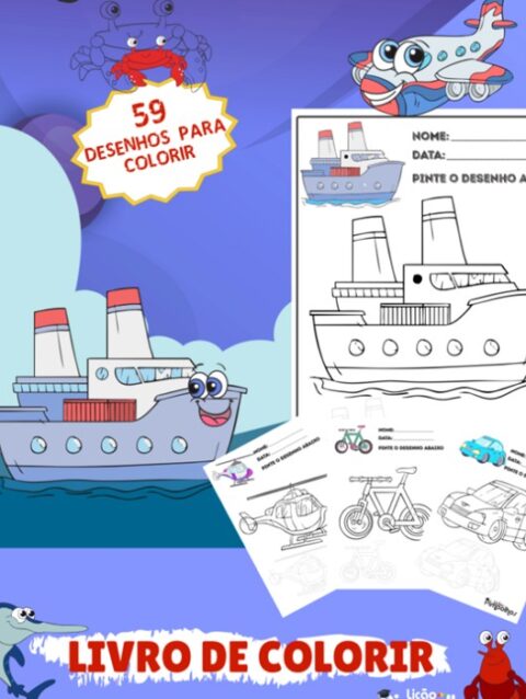 Desenhos de veículos e animais marinhos para colorir imprimir PDF