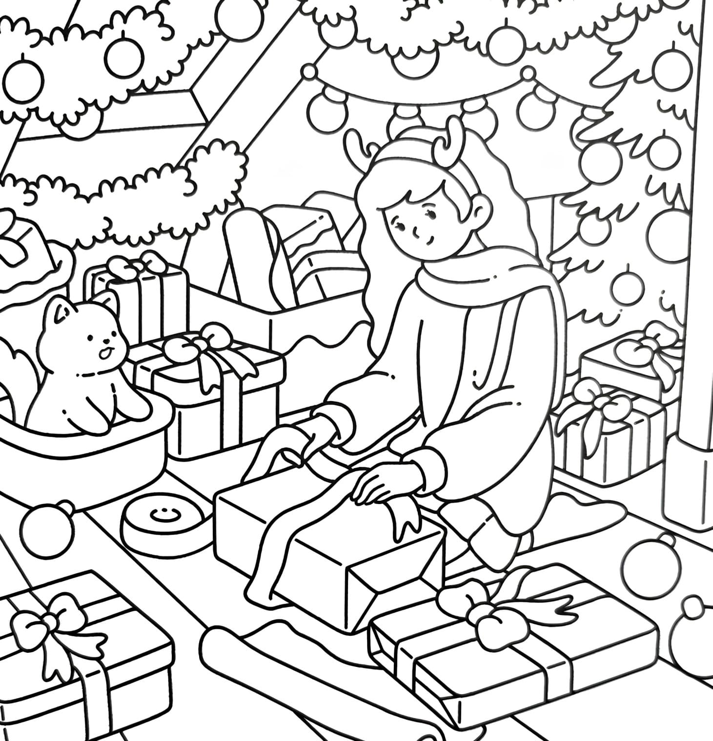 Desenho Para Colorir de Natal Menina Aconchegante - Imprimir PDF