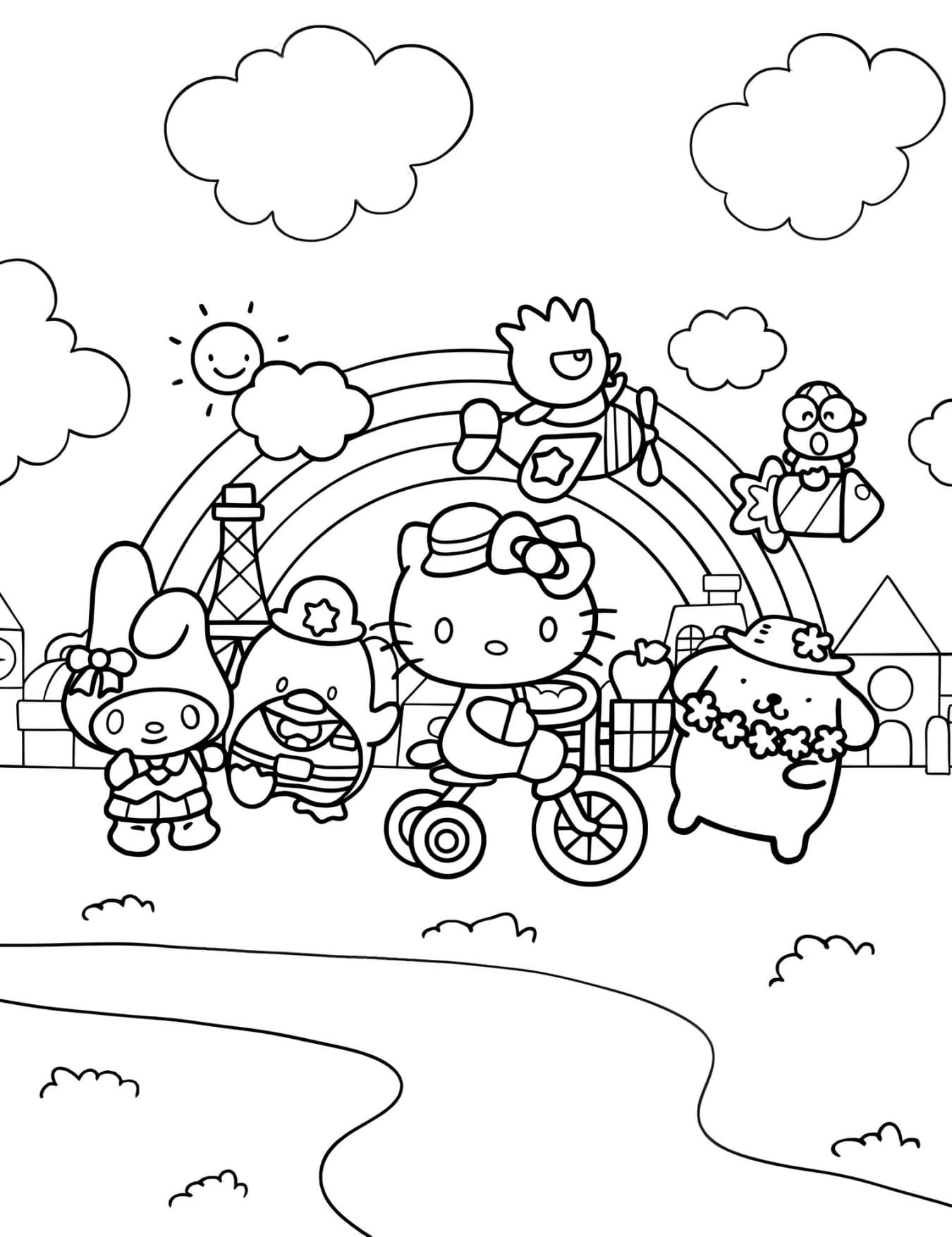 Desenho Para Colorir Hello Kitty e Seus Amigos Imprimir PDF