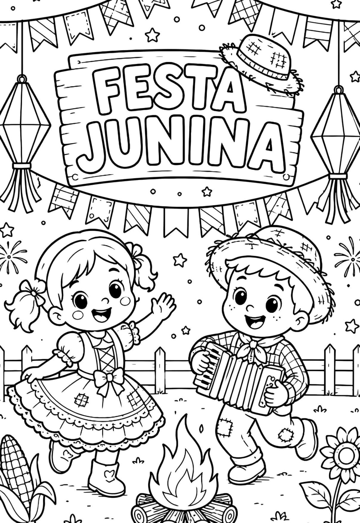 Desenho de Festa Junina Para Colorir e Pintar Imprimir PDF