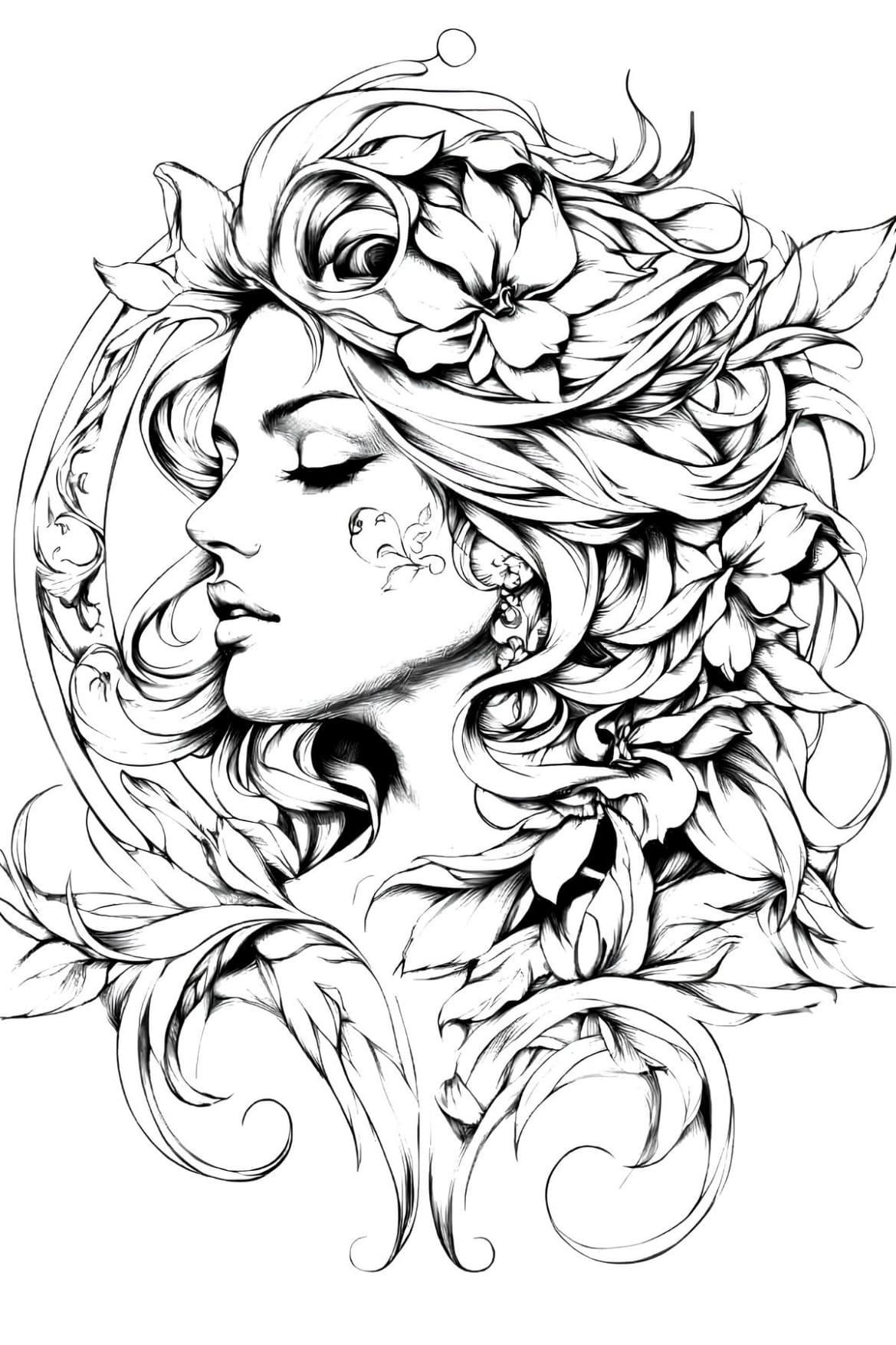 Mulher Tattoo Floral Para Colorir Imprimir PDF