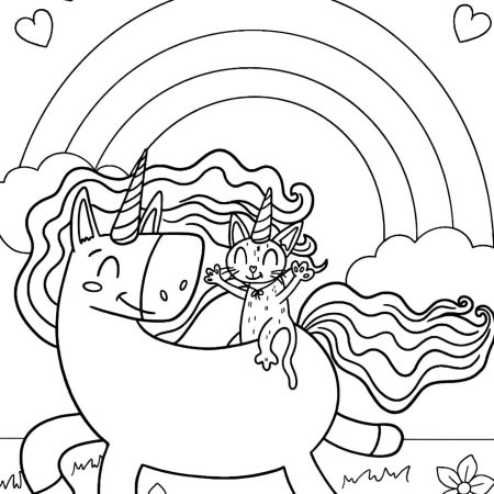 Gato e Unicórnio Arco-íris Para Colorir Imprimir PDF