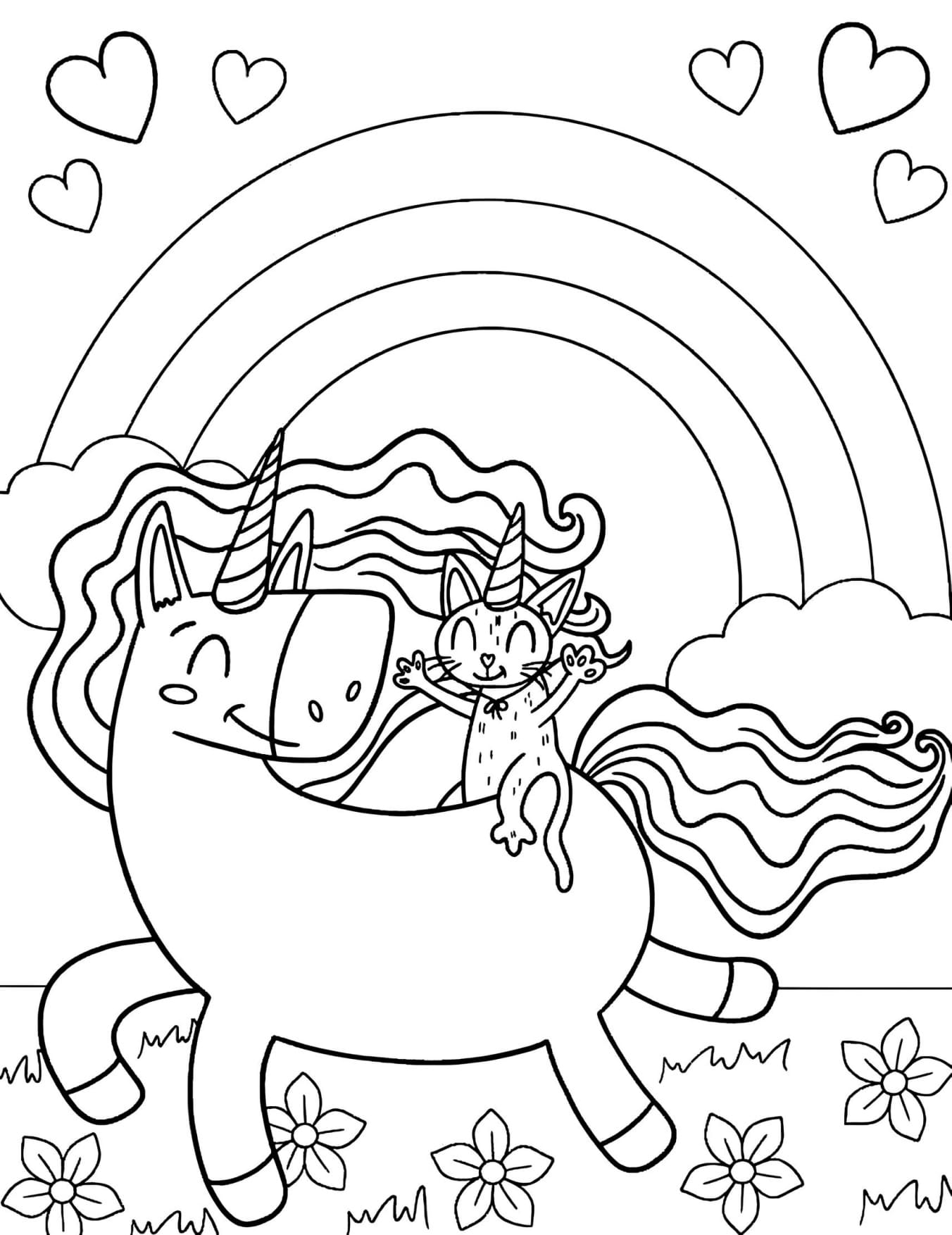 Gato e Unicórnio Arco-íris Para Colorir Imprimir PDF
