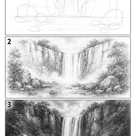 Desenho Para Desenhar Paisagem Realista com Cachoeira PDF