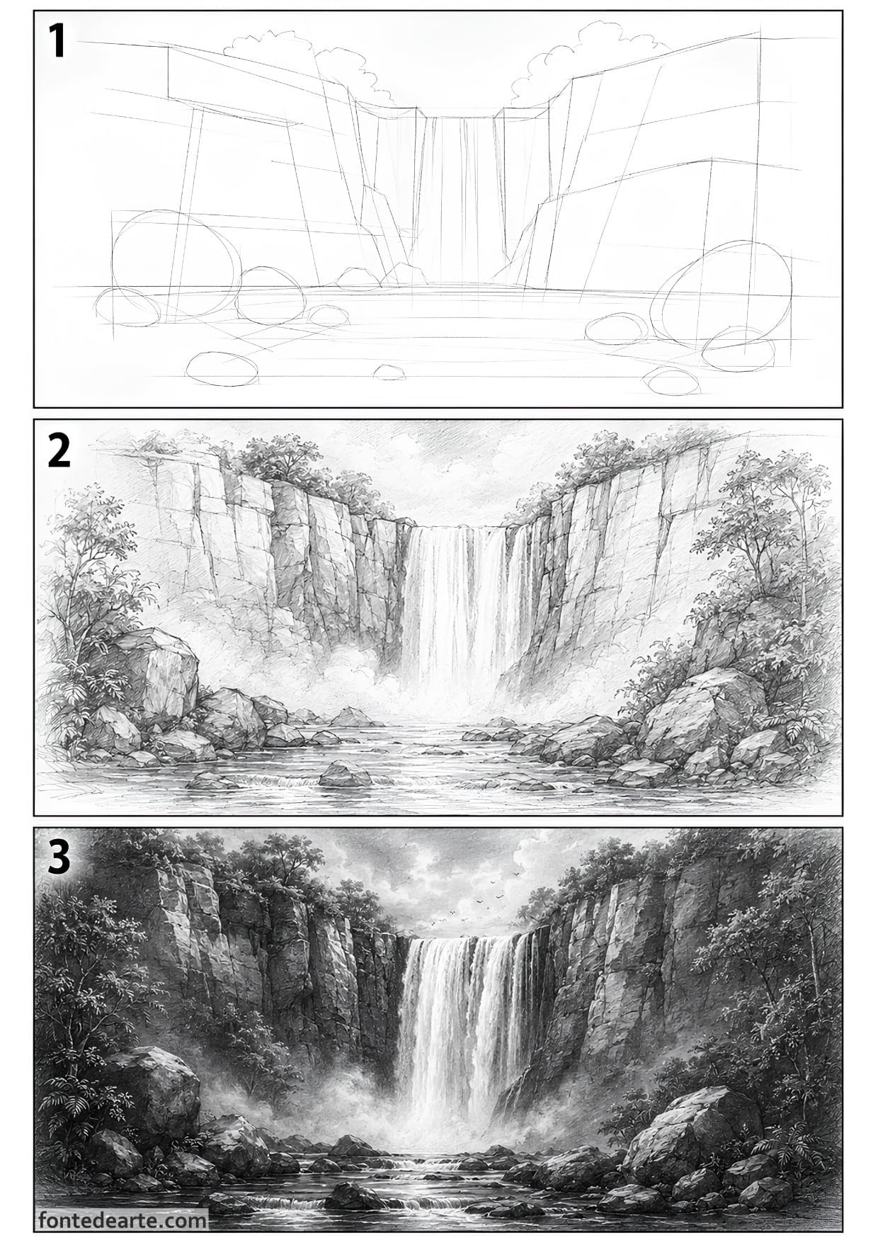 Desenho Para Desenhar Paisagem Realista com Cachoeira PDF