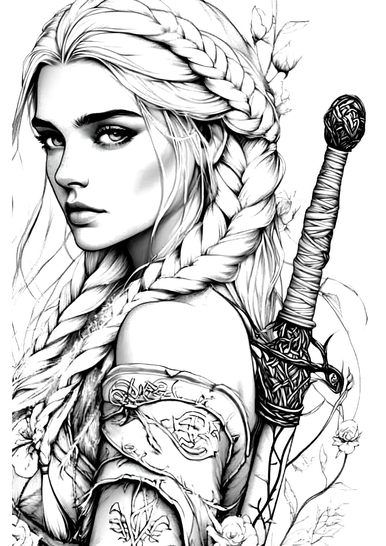 Desenho de Mulher Bonita Guerreira Para Colorir Imprimir PDF