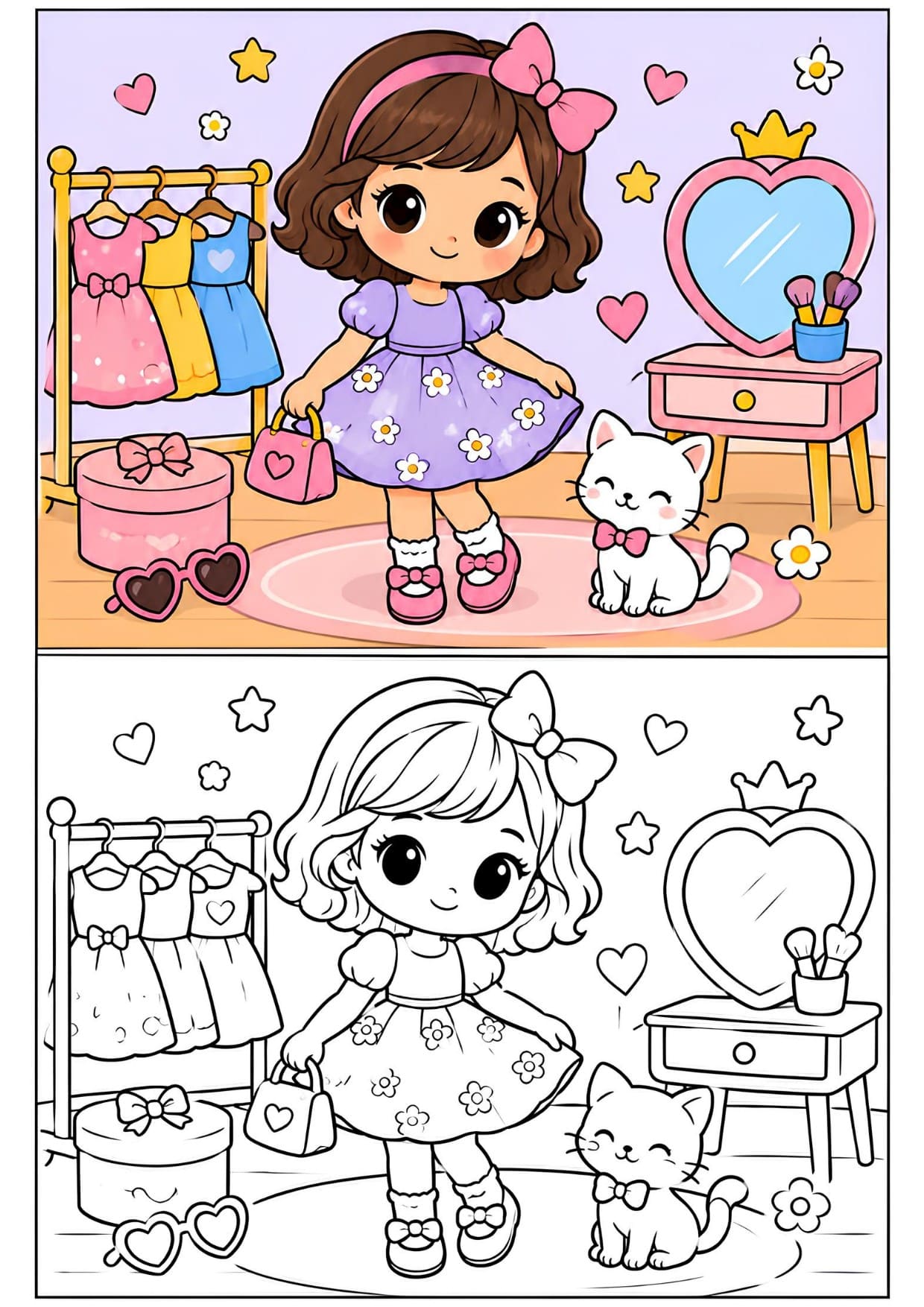 Menina com Gatinho Desenho Fofo Para Colorir Imprimir PDF