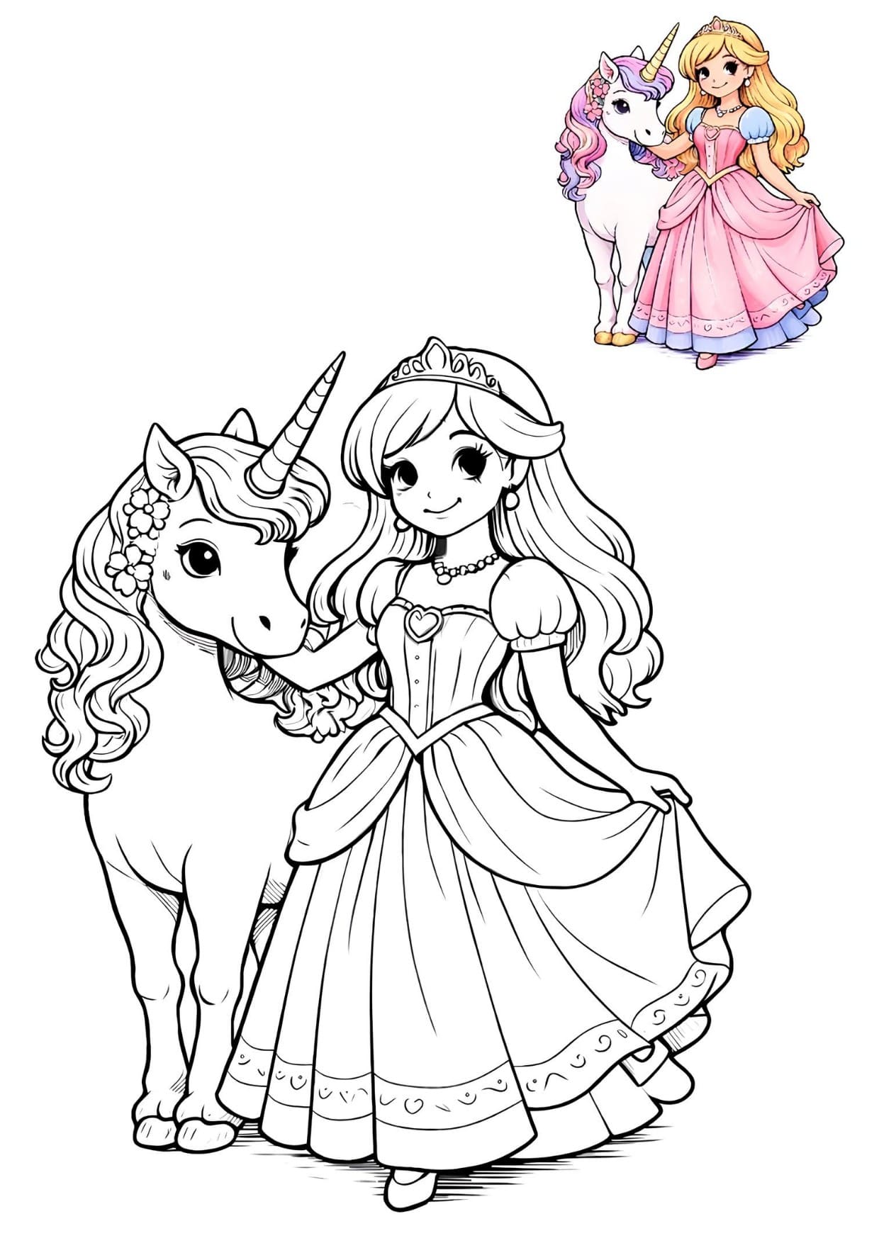 Princesa com Unicórnio Desenho Para Colorir Imprimir PDF