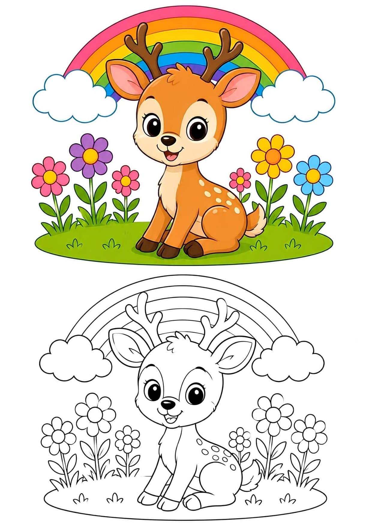 Veado Desenho de Animal Fofo Para Imprimir e Colorir PDF